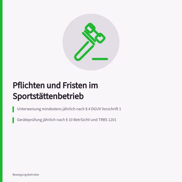 Karte zu rechtlichen Pflichten und Prüffristen für Sportstättenbetreiber. Sportstätten verwalten: Rechtliche Pflichten und Betriebsabläufe