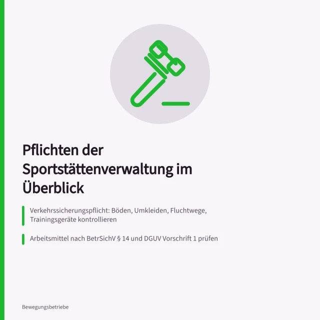 Karte zu Pflichten, Prüffristen und Dokumentation in der Sportstättenverwaltung. Übersicht über die Pflichten bei der Sportstättenverwaltung